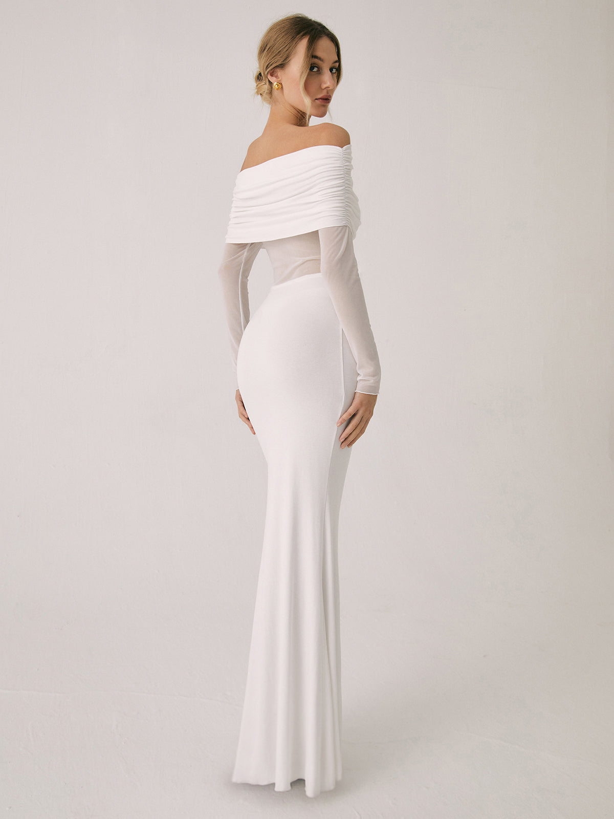 Overfold Off-Shoulder Mesh Trendy Long Sleeve Long Dress