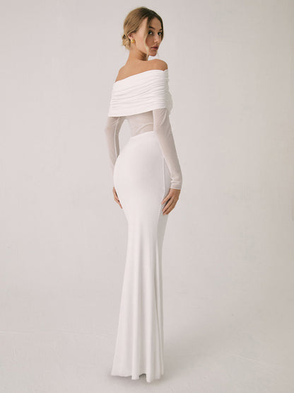 Overfold Off-Shoulder Mesh Trendy Long Sleeve Long Dress