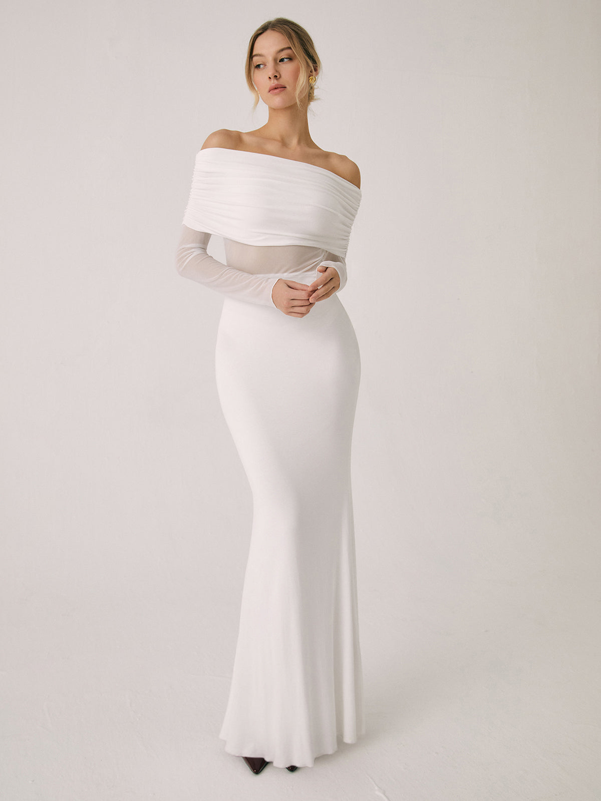 Overfold Off-Shoulder Mesh Trendy Long Sleeve Long Dress