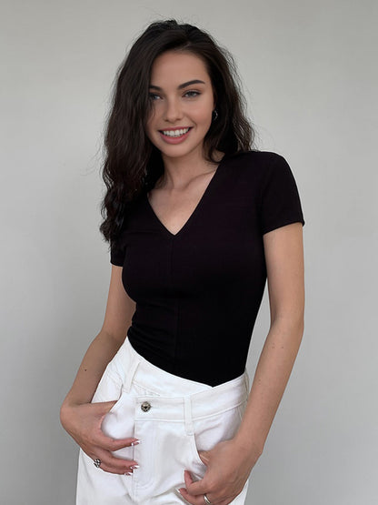 Solid V Neck Trendy Snug Short Sleeve Top