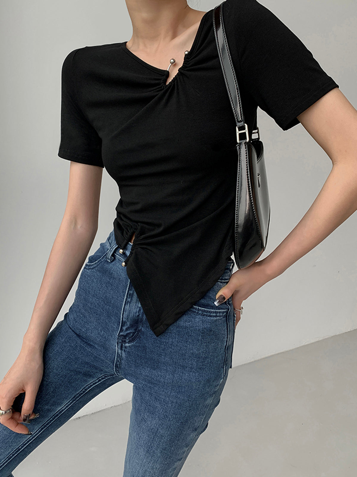 Slinky Metal Ring Trendy Short Sleeve Top