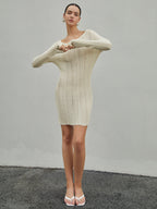 Strip Eyelet Texture Trendy Sweater Short Dress Sweaters L