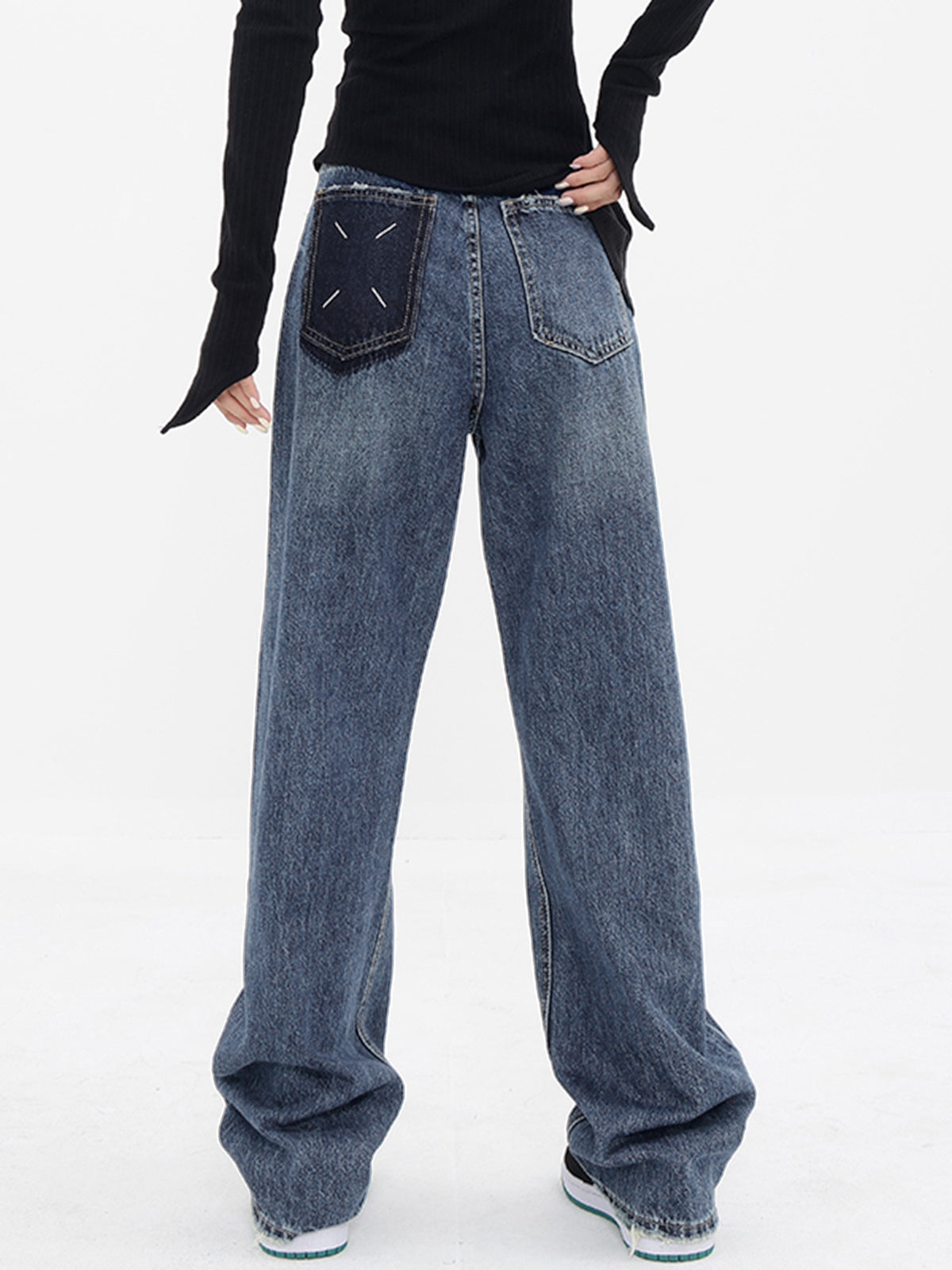 Patchwork Pockets Denim Trendy Wide Leg Boyfriend Jeans