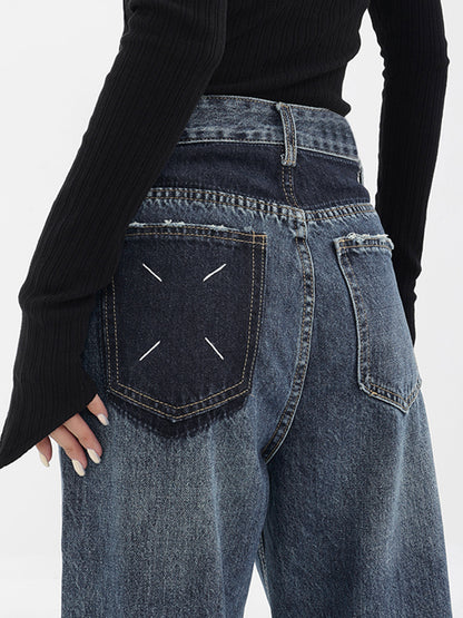 Patchwork Pockets Denim Trendy Wide Leg Boyfriend Jeans