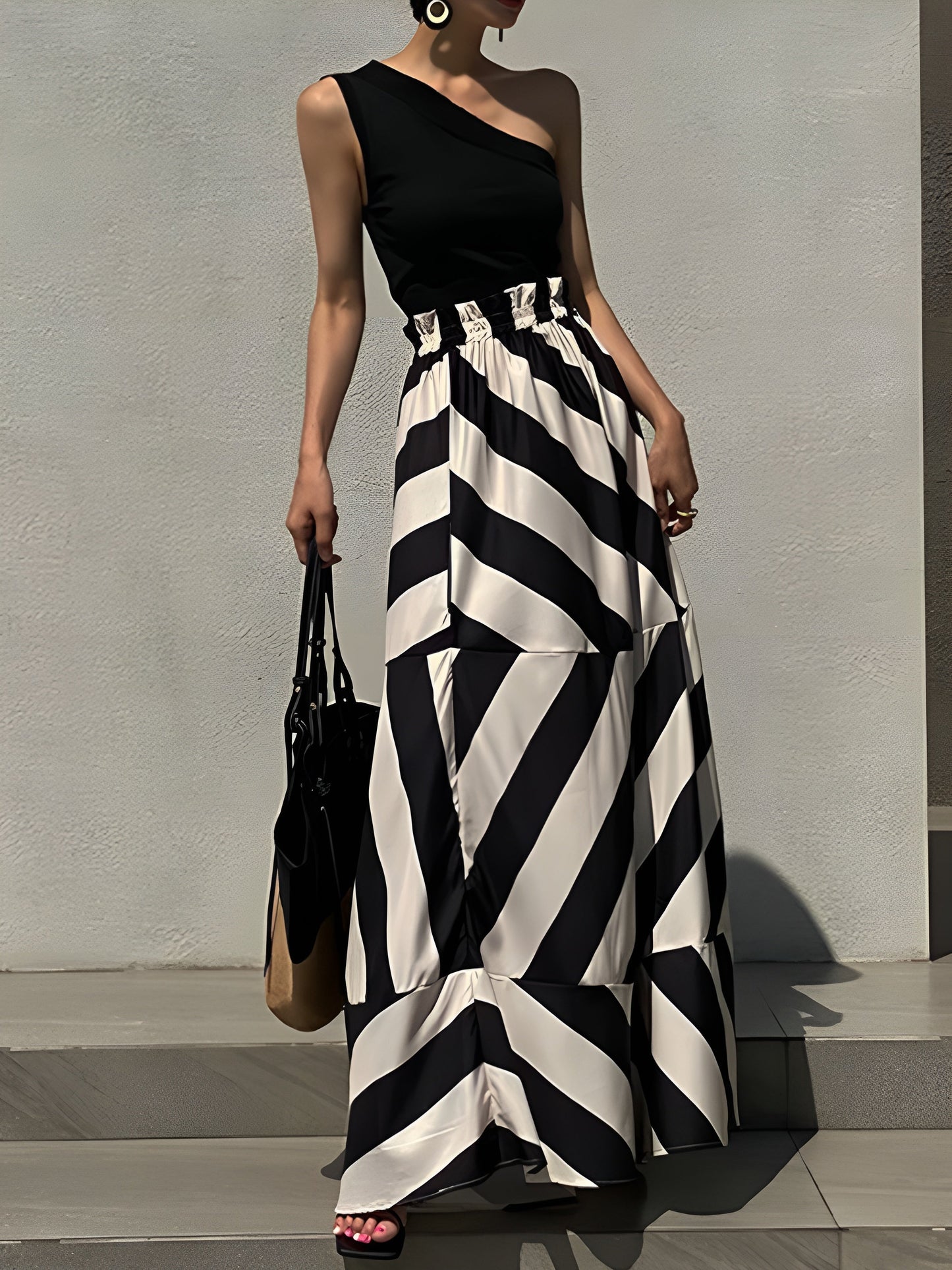 Stripe Print Graceful Long Skirt