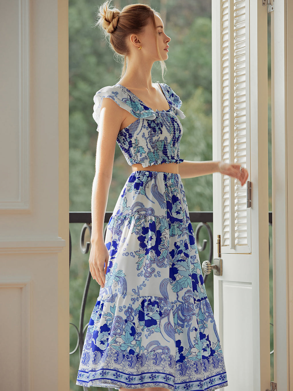 Shirred Floral Graceful Print Skirt Set Skirt Sets