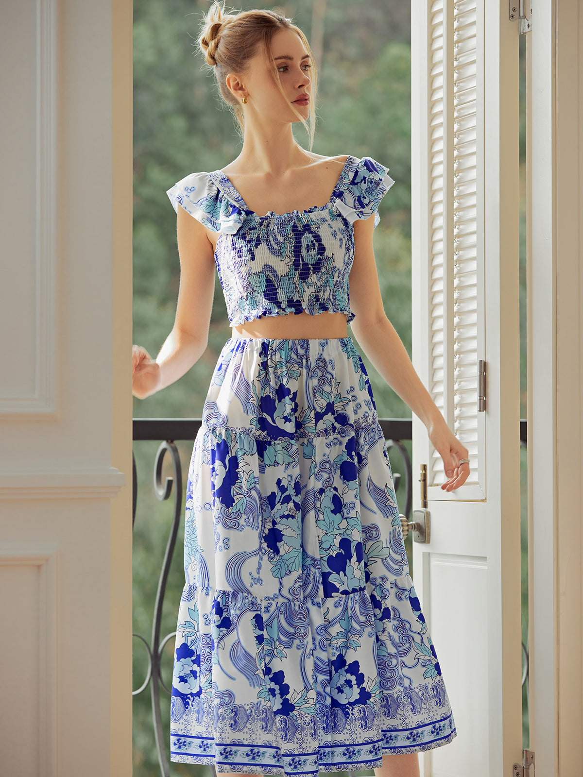 Shirred Floral Graceful Print Skirt Set Blue / XS Skirt Sets Main image