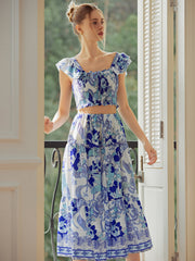 Shirred Floral Graceful Print Skirt Set Blue / XS Skirt Sets