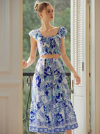 Shirred Floral Graceful Print Skirt Set Blue / XS Skirt Sets