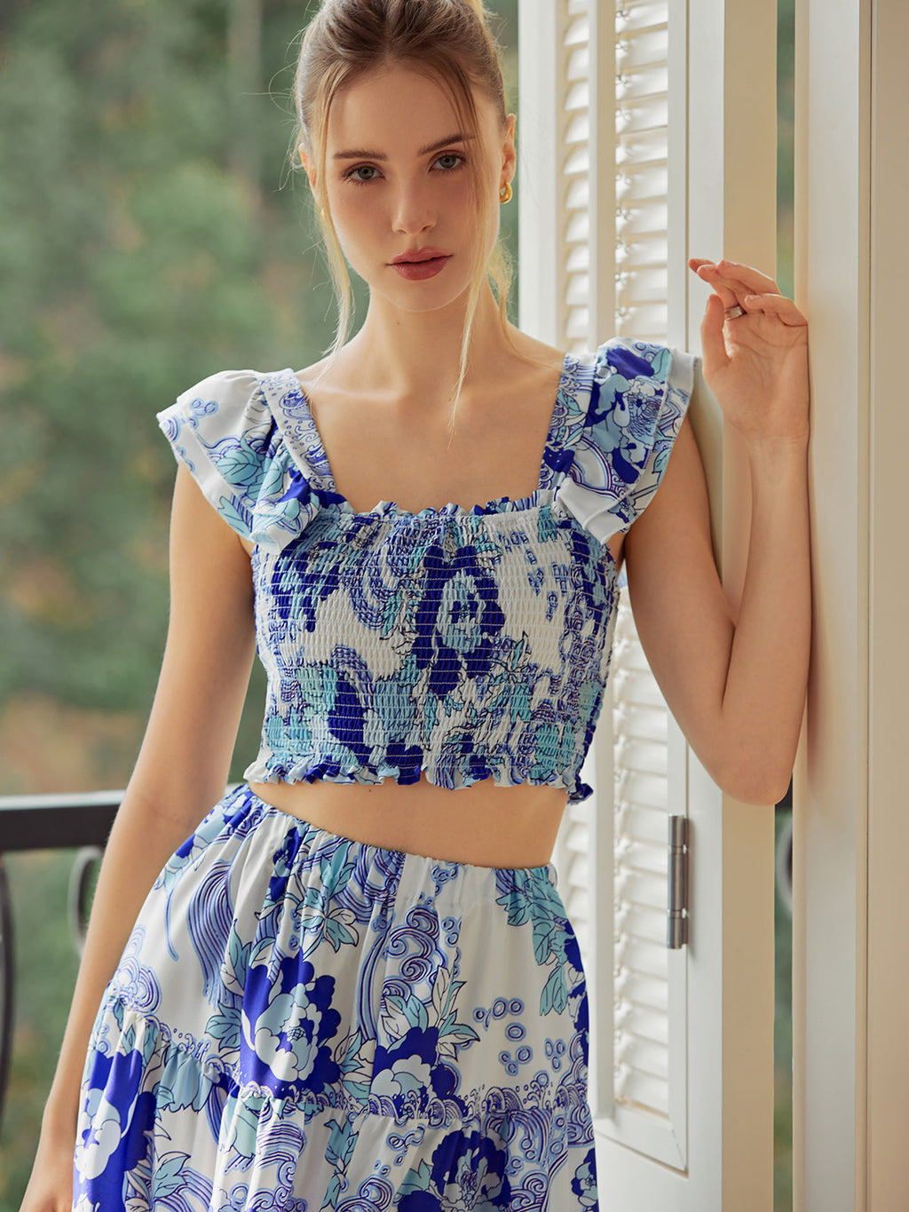 Shirred Floral Graceful Print Skirt Set Skirt Sets