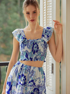Shirred Floral Graceful Print Skirt Set Skirt Sets