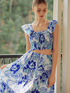 Shirred Floral Graceful Print Skirt Set Skirt Sets