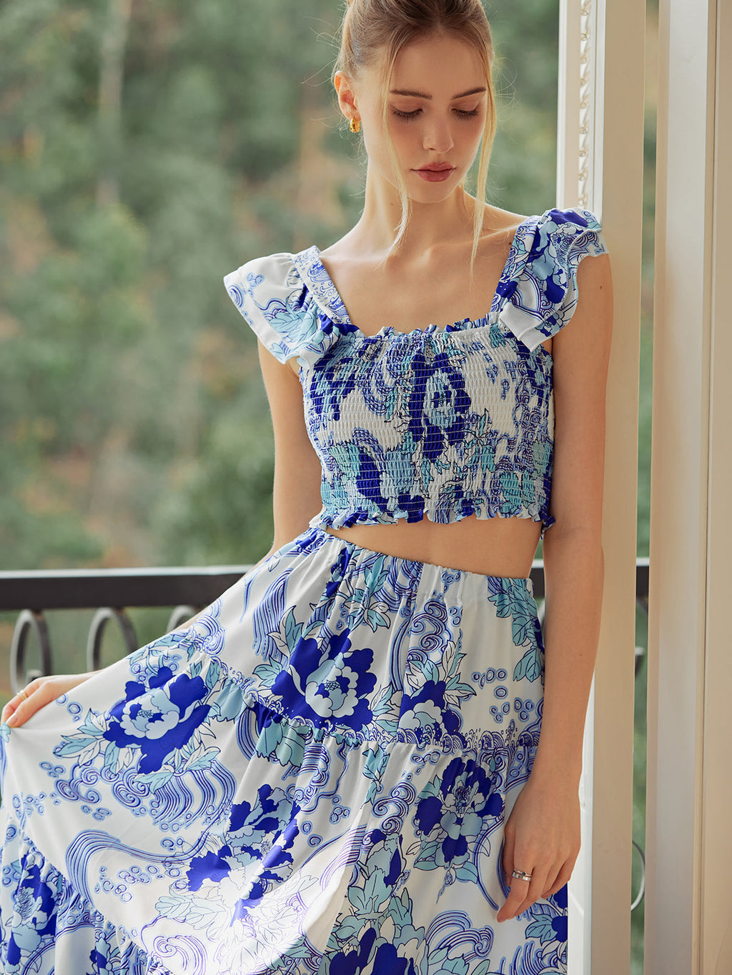 Shirred Floral Graceful Print Skirt Set Skirt Sets