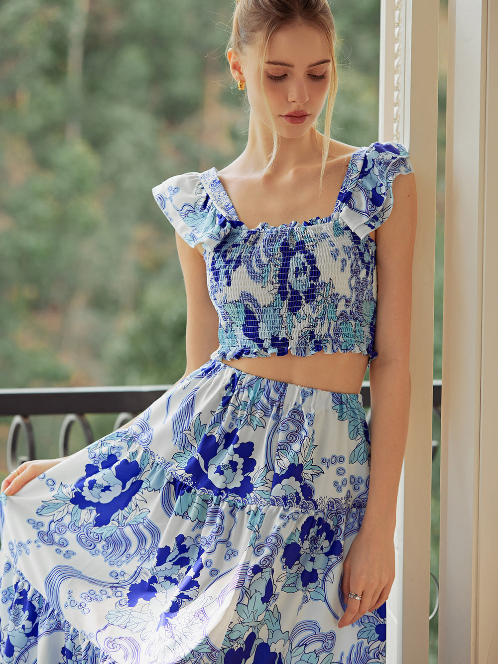 Shirred Floral Graceful Print Skirt Set Skirt Sets