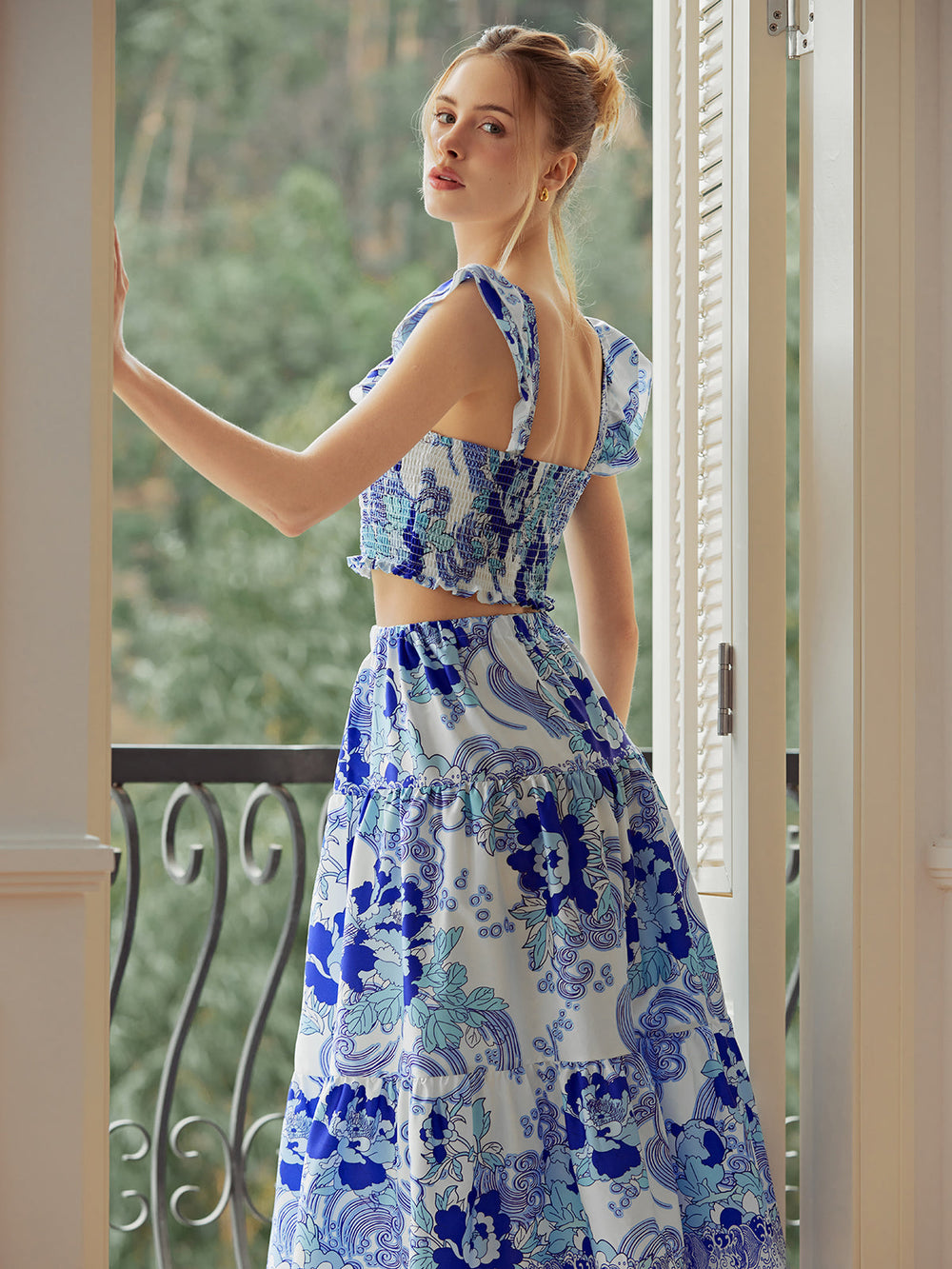 Shirred Floral Graceful Print Skirt Set Skirt Sets