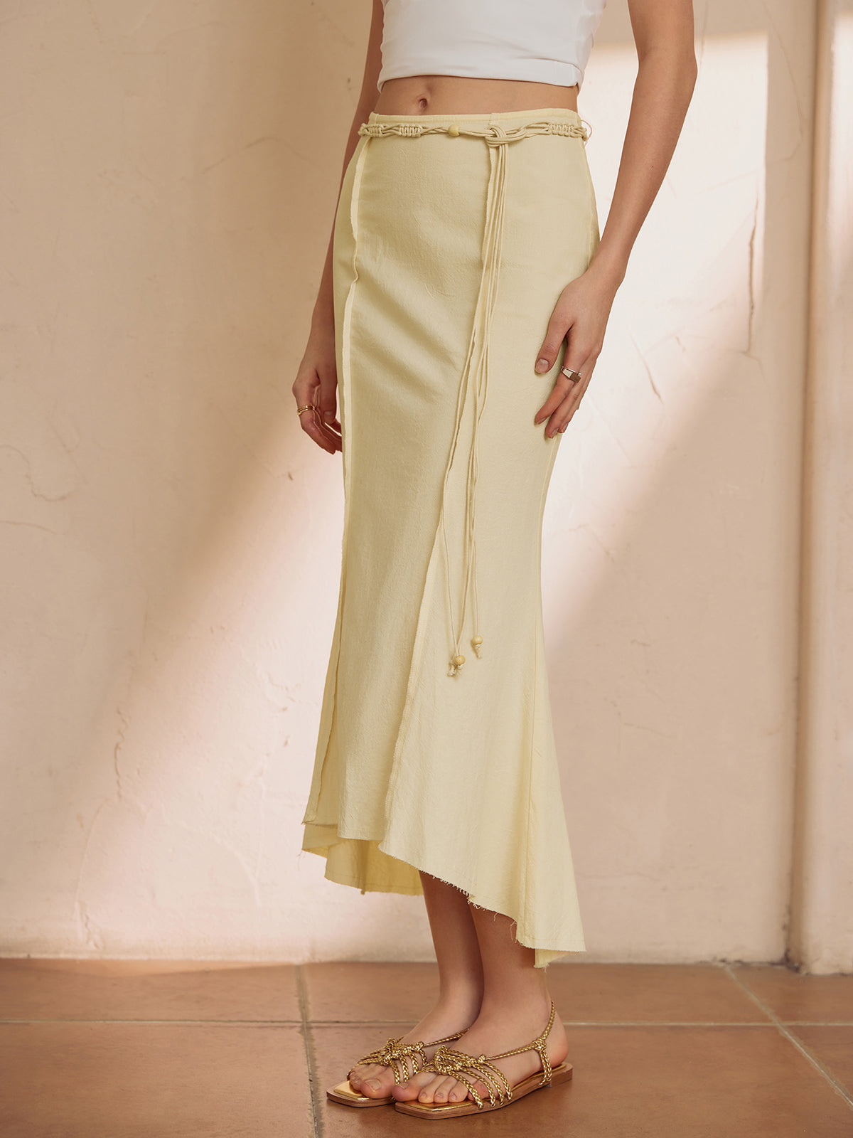 Pure Cotton Solid Trendy Belted Long Skirt