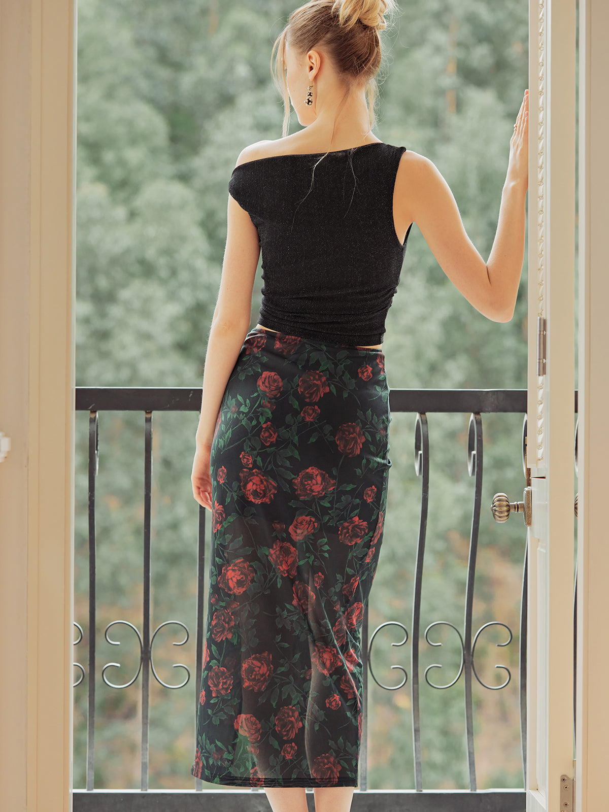 Vintage Rosette Garden Trendy Split Maxi Skirt