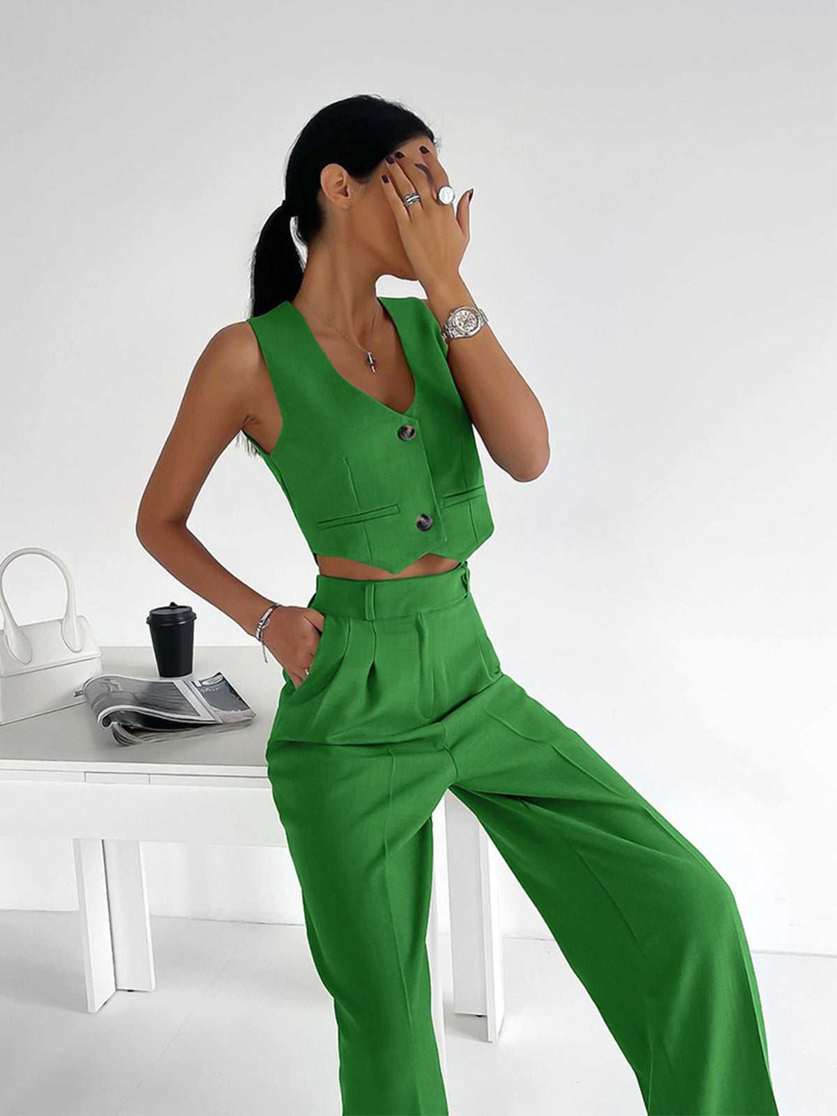 Solid Button Front Trendy Waistcoat With Pants Set Pant Sets