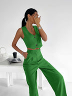 Solid Button Front Trendy Waistcoat With Pants Set Pant Sets