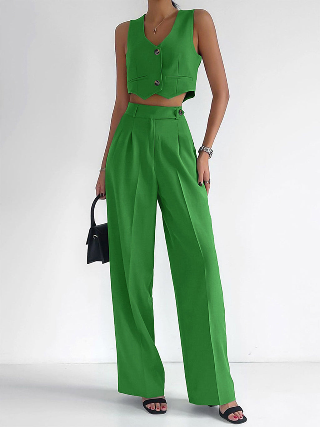 Solid Button Front Trendy Waistcoat With Pants Set Green / XS Pant Sets