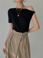 Asymmetrical Neck One Trendy Shoulder Off Knit Top Black / XS Sweaters L