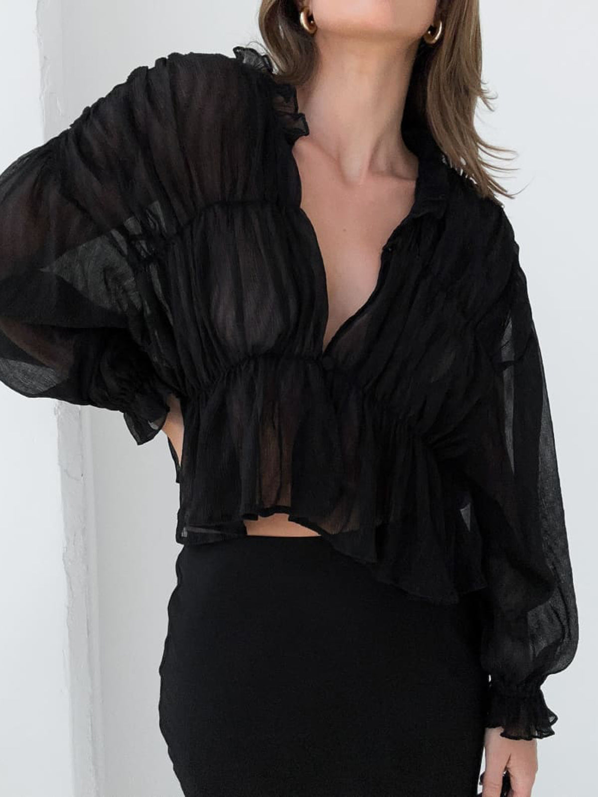 Chiffon Ruffle Graceful Detail Blouse Black / XS Blouses Main image