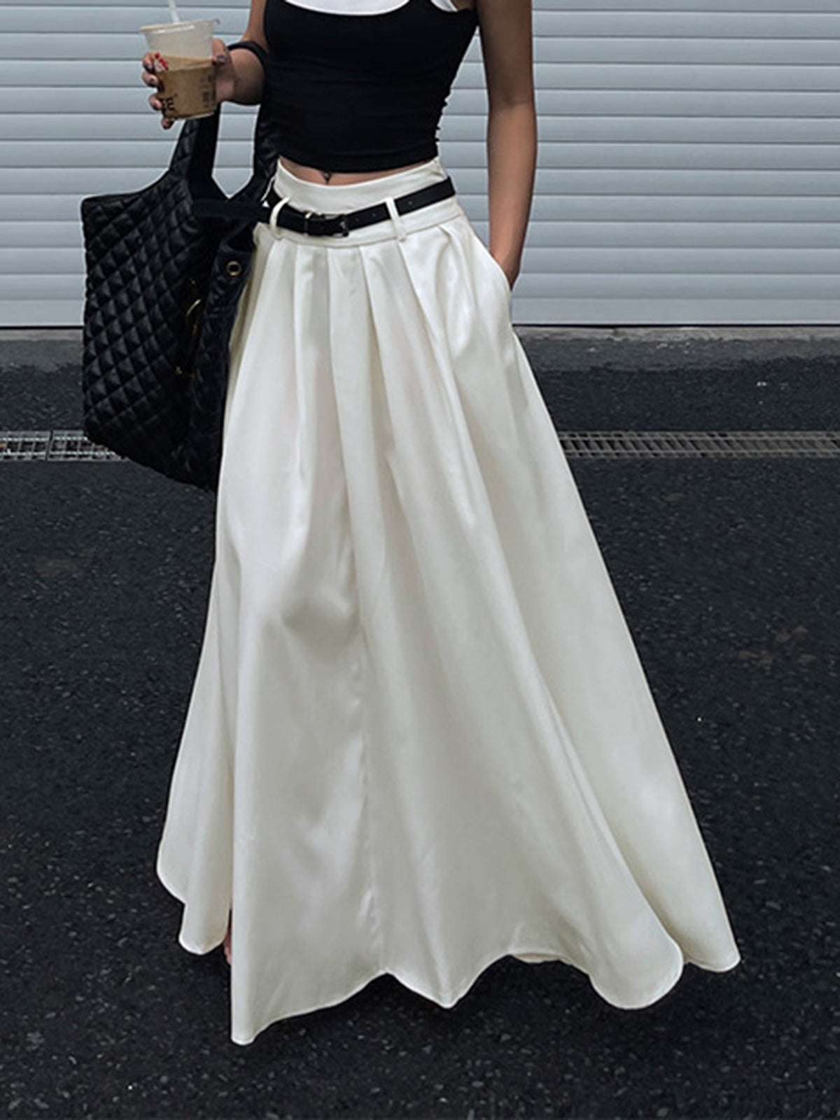 Belted Pleated Graceful Long Skirt White / XS Skirts Main image