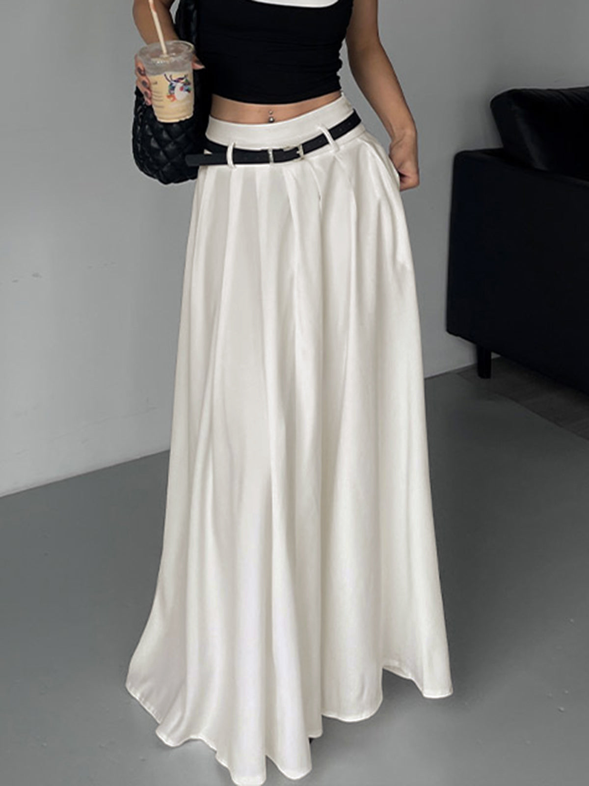 Belted Pleated Graceful Long Skirt Secondary image