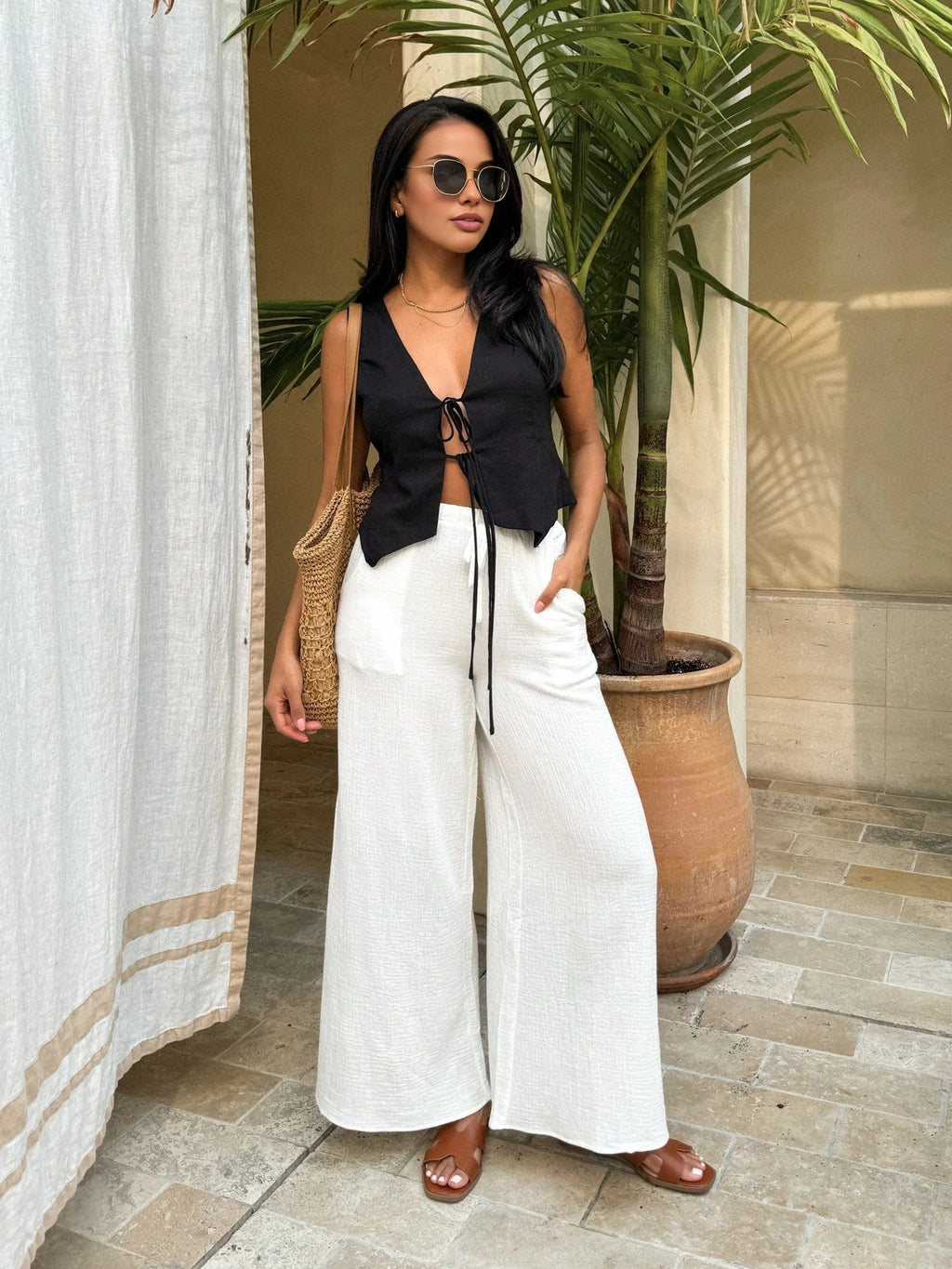 Cotton & Linen Trendy Tie Detail Vest Top Tank Tops & Camis