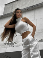 Twist Decor Textured Trendy Turtle Neck Tank Top Tank Tops & Camis