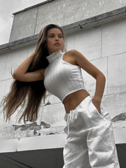 Twist Decor Textured Trendy Turtle Neck Tank Top Tank Tops & Camis