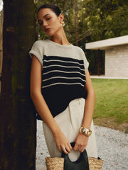 Casual Cotton Blends Trendy Striped Knit Top Sweaters L