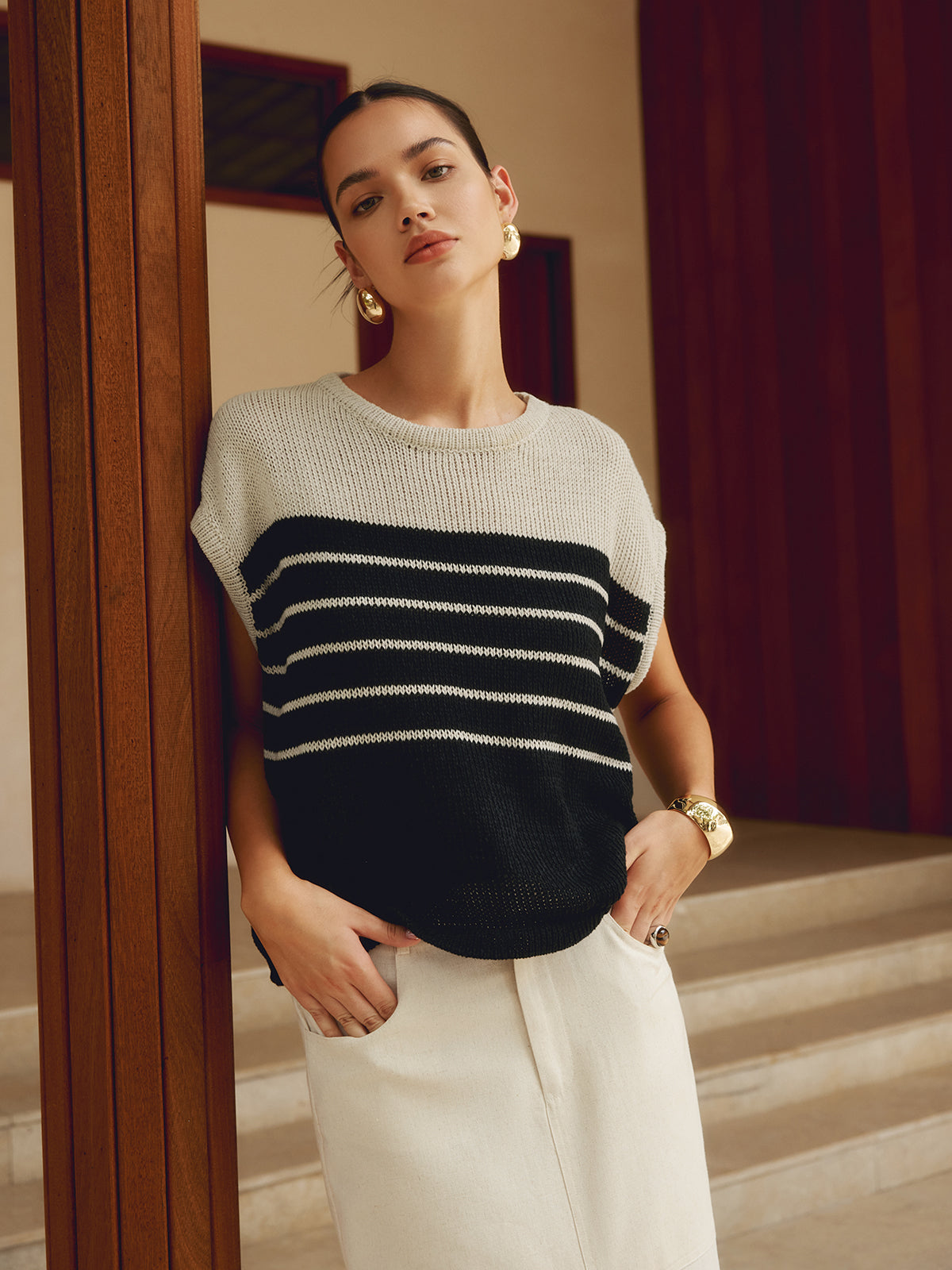 Casual Cotton Blends Trendy Striped Knit Top Khaki / XS Sweaters L Main image