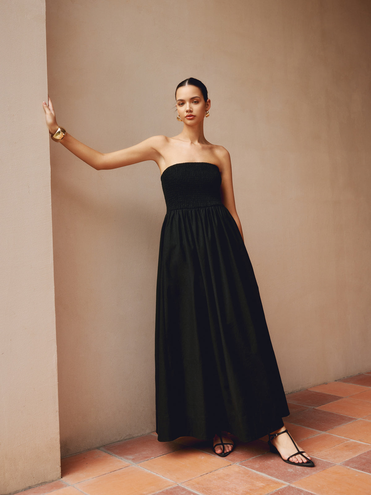 Cotton & Linen Trendy Pleat Strapless Long Dress Black / XS Dresses Main image
