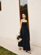 Cotton & Linen Trendy Pleat Strapless Long Dress Dresses