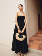 Cotton & Linen Trendy Pleat Strapless Long Dress Dresses