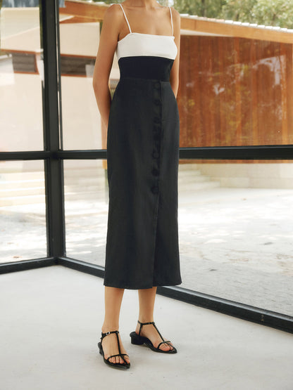 Solid Linen Graceful Button Maxi Skirt