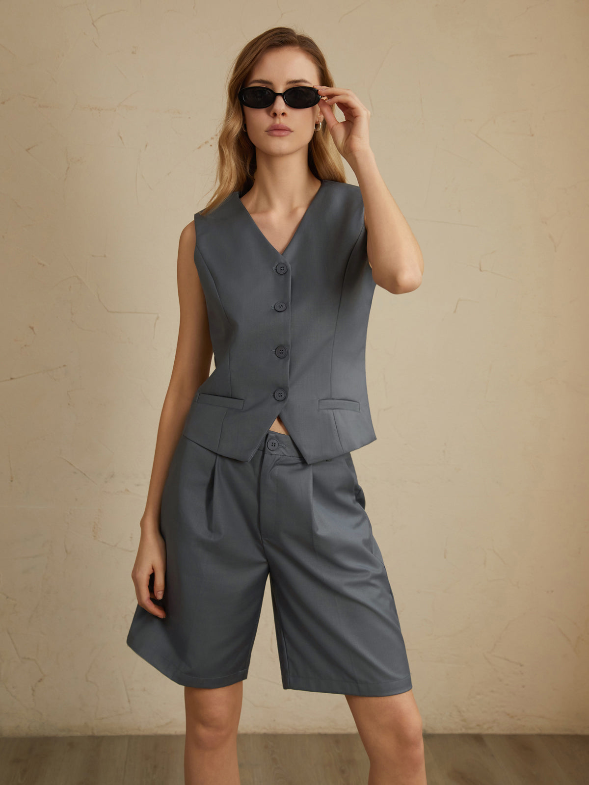 Solid Waistcoat Graceful With Shorts Set Grey / XS Pant Sets