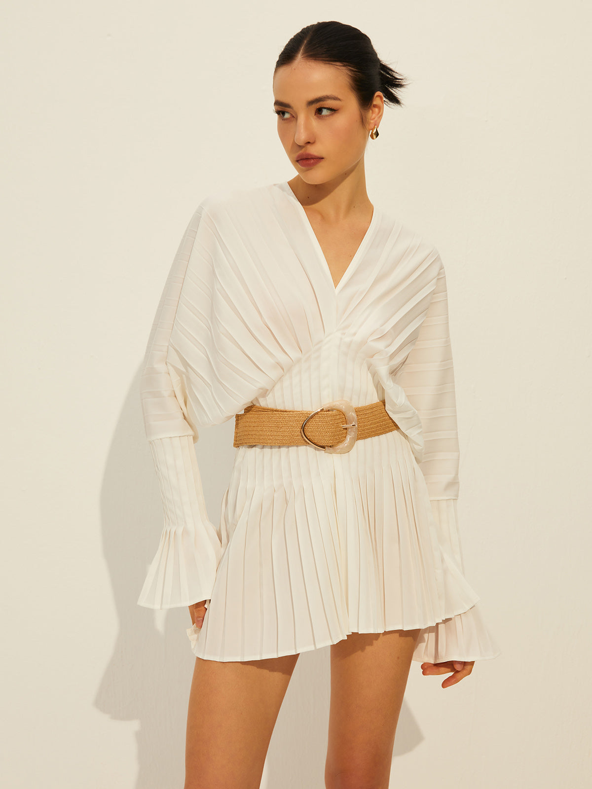 Pleated V Neck Long Sleeve Dress White / XS Dresses Main image