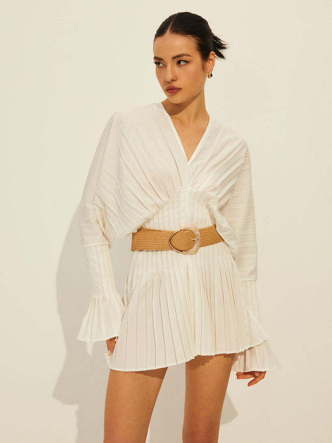 Pleated V Neck Long Sleeve Dress White / XS Dresses Main image