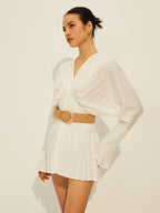 Pleated V Neck Long Sleeve Dress Dresses