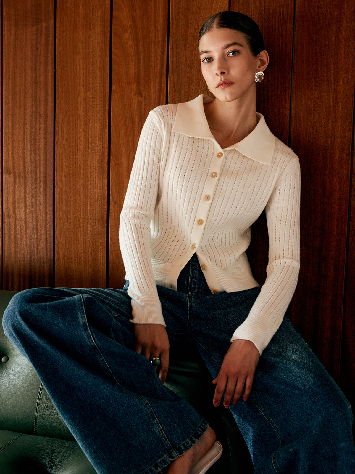 Wool Blend Lapel Knit Cardigan White / XS Cardigans Main image
