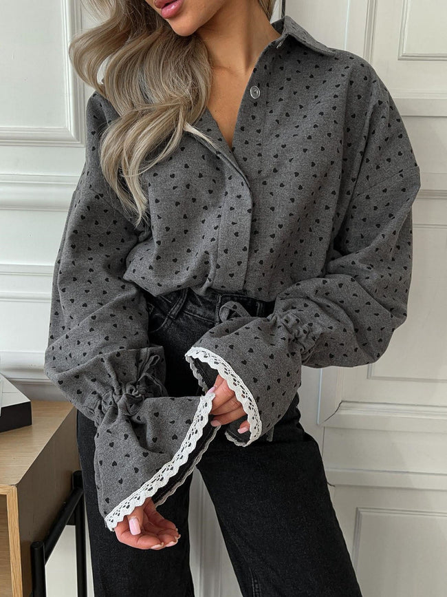 Women Heart Print Button Down Shirt Grey / XS Shirts Main image