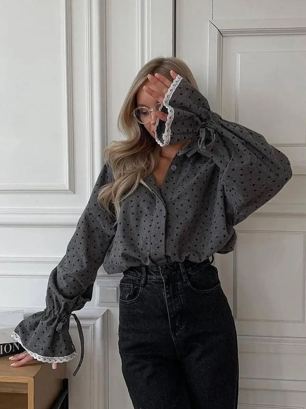 Women Heart Print Button Down Shirt Shirts