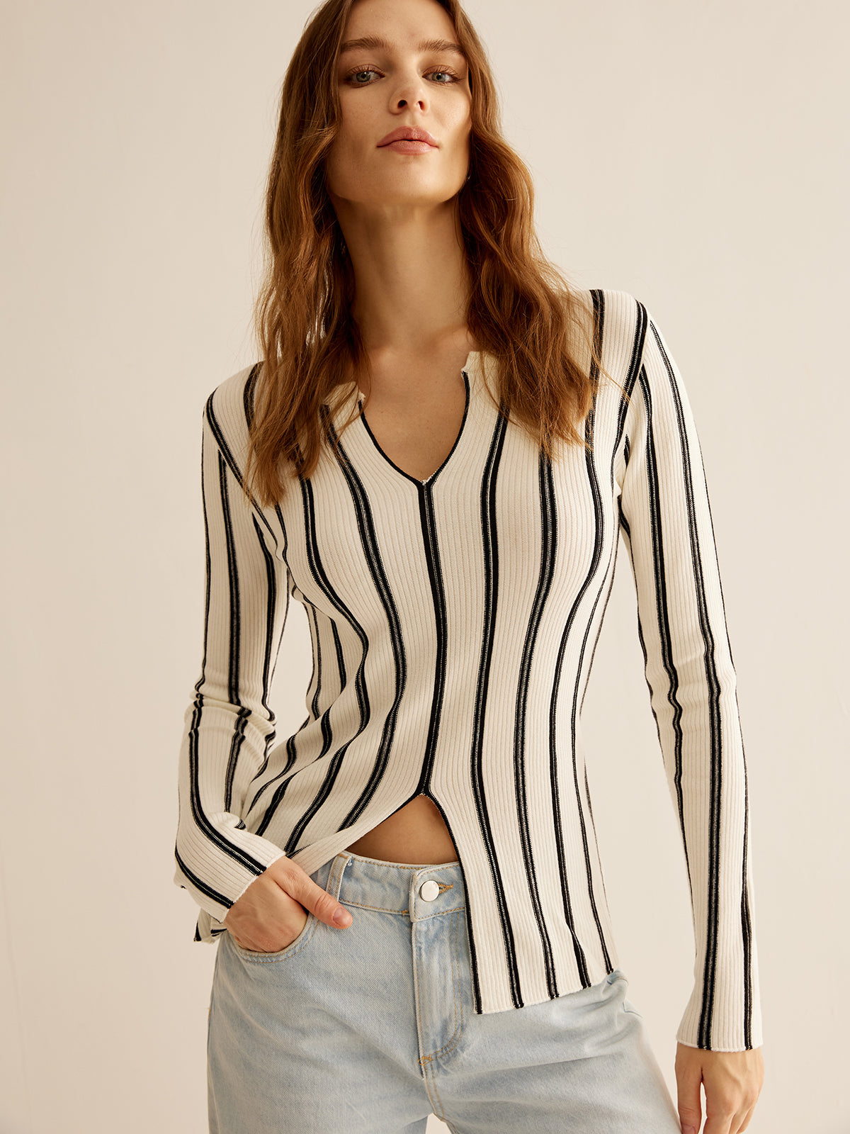 Split Pinstripe Slim Knit Top Off White / XS Knit Tops Main image