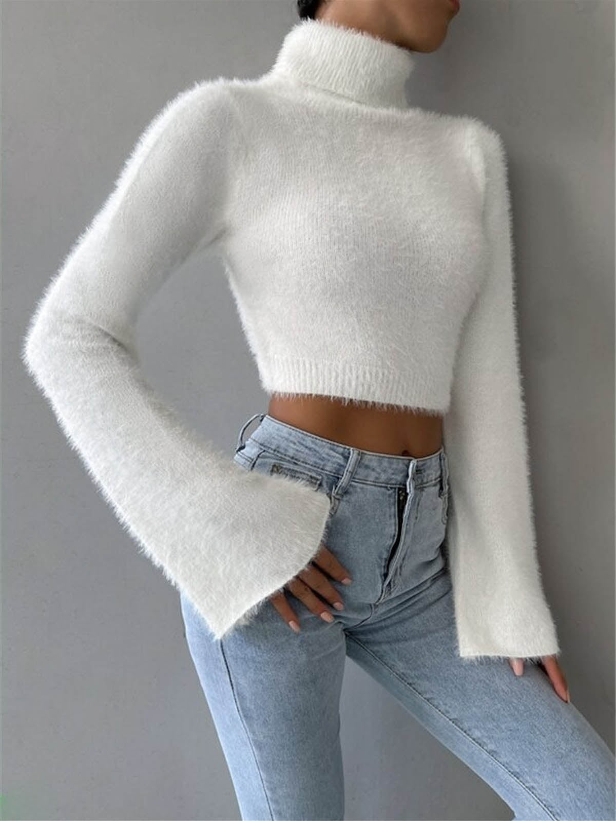 Turtleneck Fuzzy Crop Knit Top White / XS Knit Tops Main image