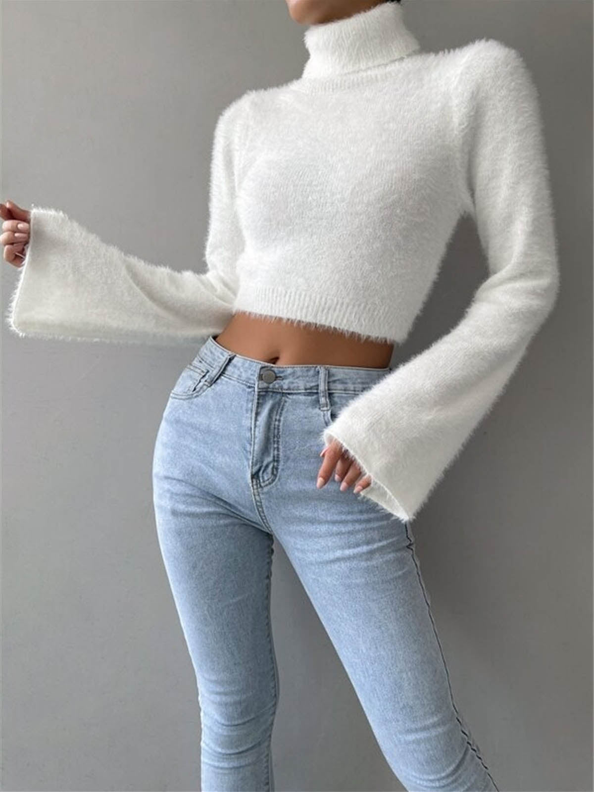 Turtleneck Fuzzy Crop Knit Top Secondary image