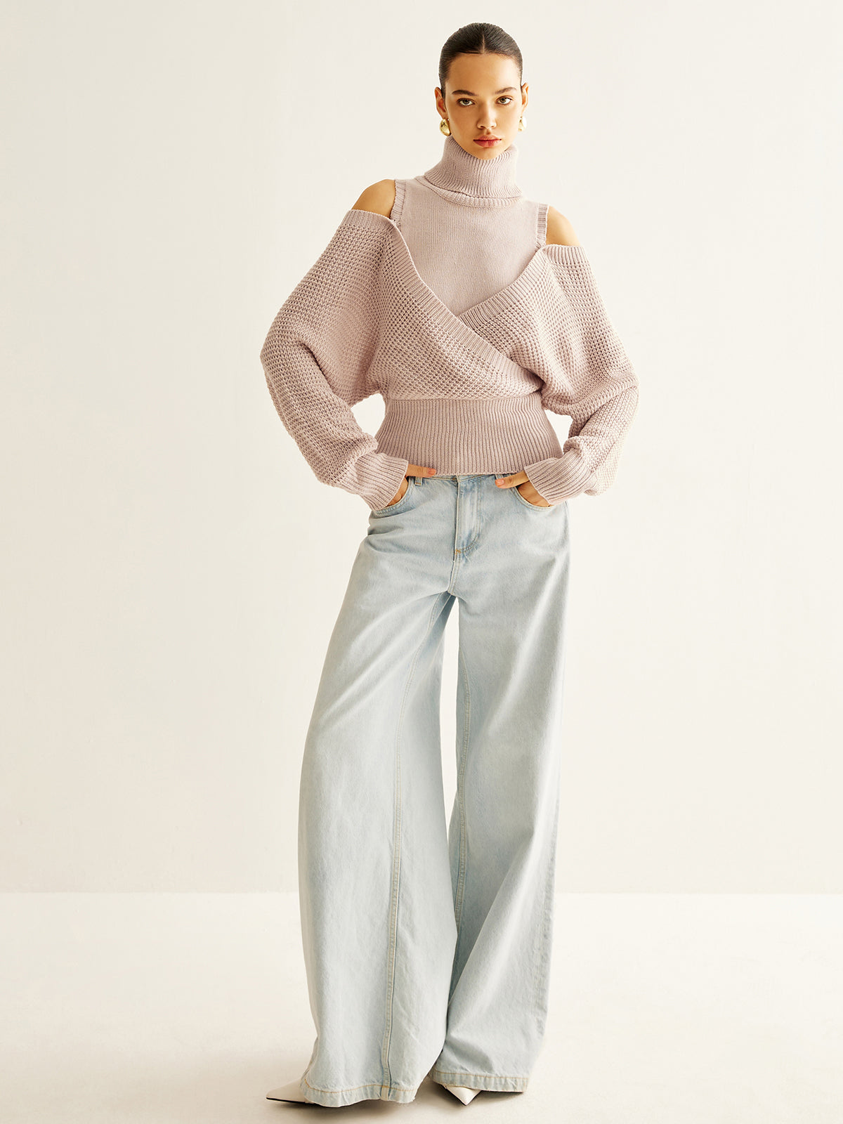 Oversized Wool Blend Turtleneck Cinched Knit Top Knit Tops