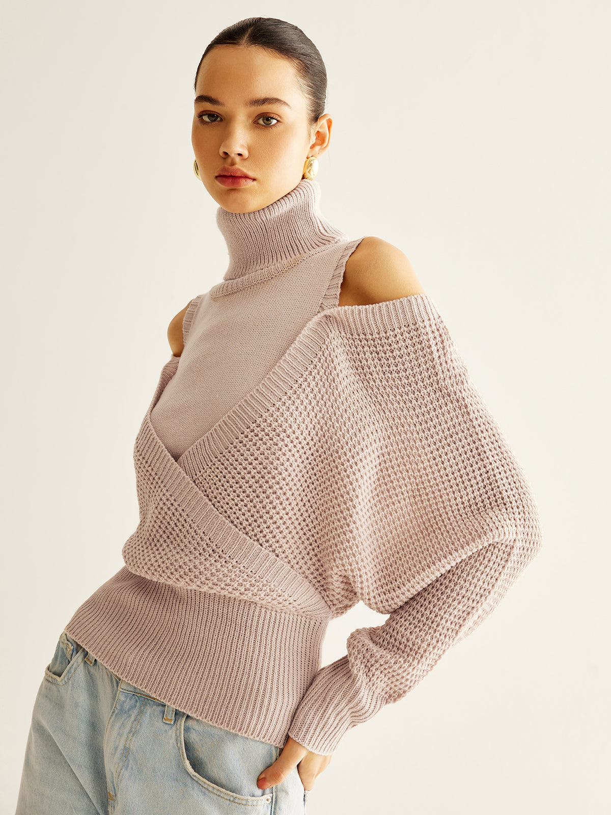 Oversized Wool Blend Turtleneck Cinched Knit Top Pink / XS Knit Tops Main image
