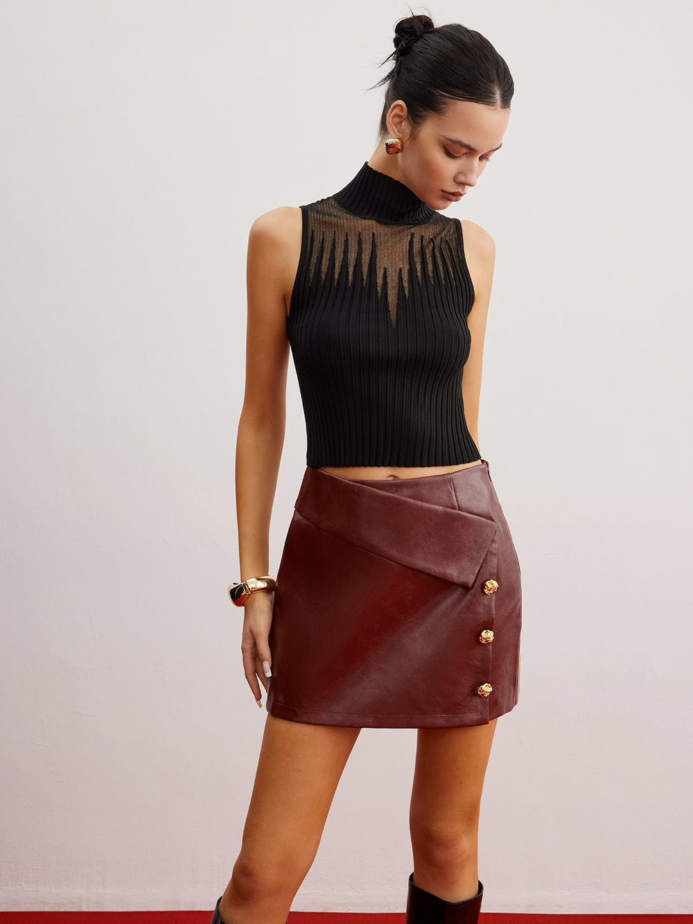 Crop Sheer Panel Sweater Vest Sweater Vests